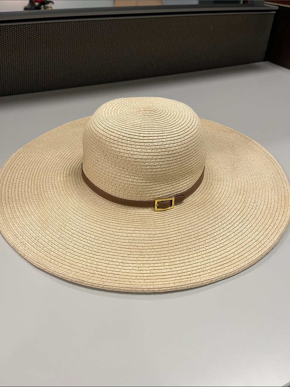 Melissa Odabash Beige Wide Brim Straw Sun Hat with Brown Band